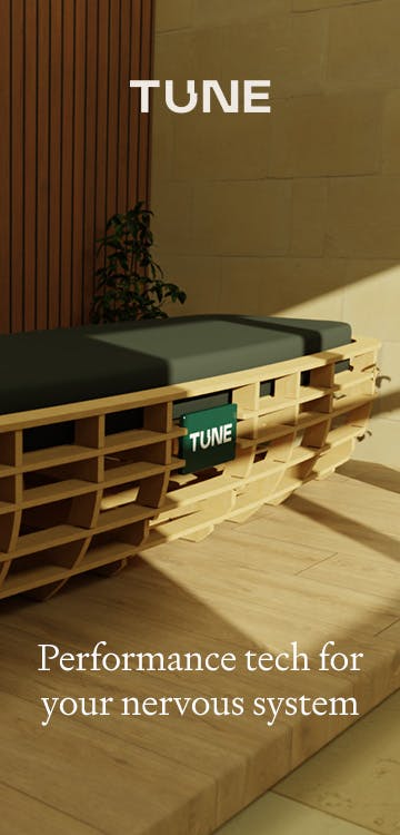 A TUNE bed in a meditation room with text that says Performance tech for your nervous system.