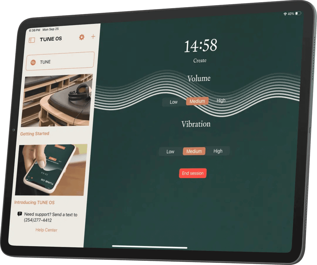 TUNE OS app interface showing session timer, volume and vibration controls on a tablet