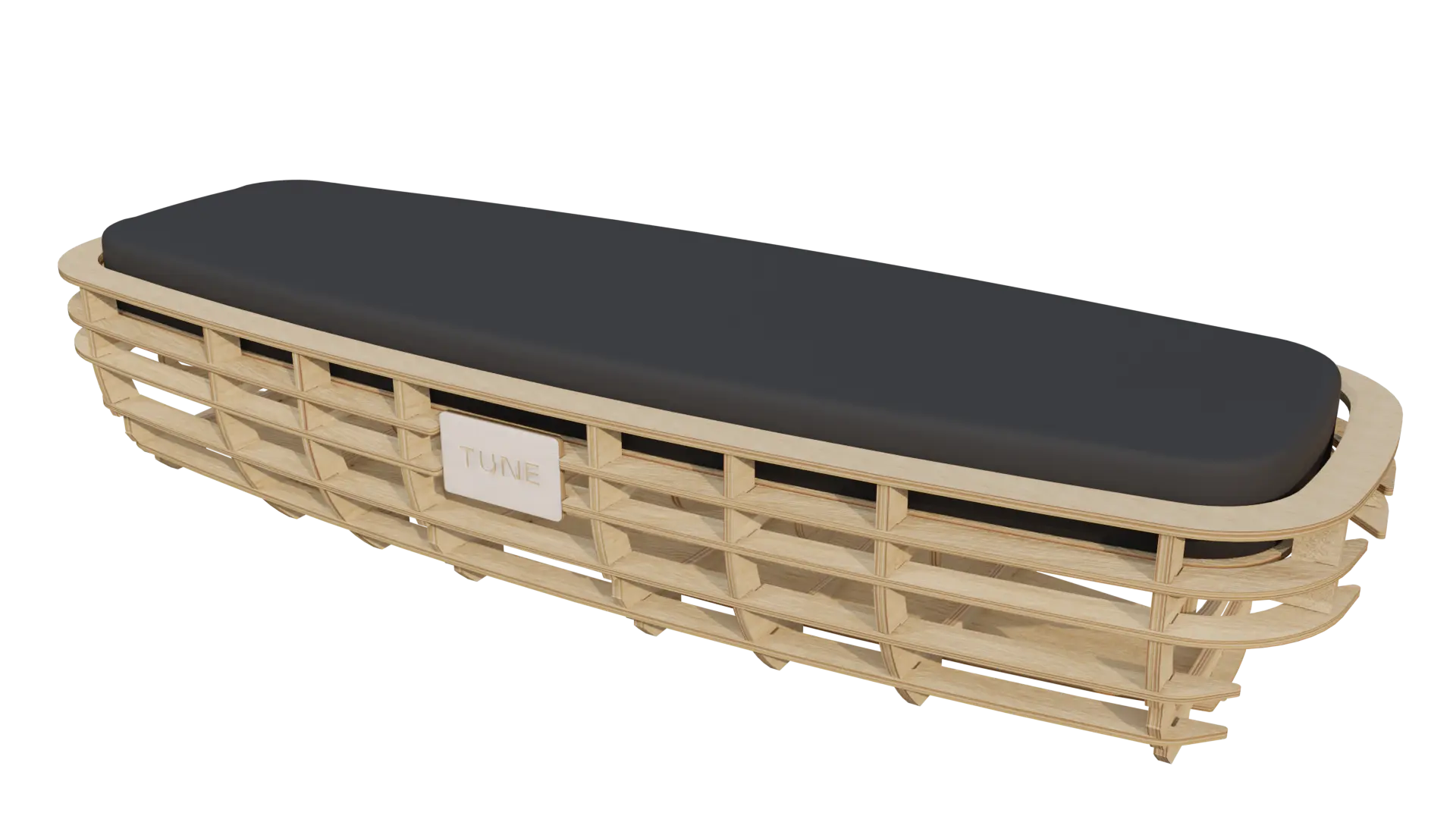 The TUNE bed — a precision-crafted wooden lattice frame with a dark performance cushion